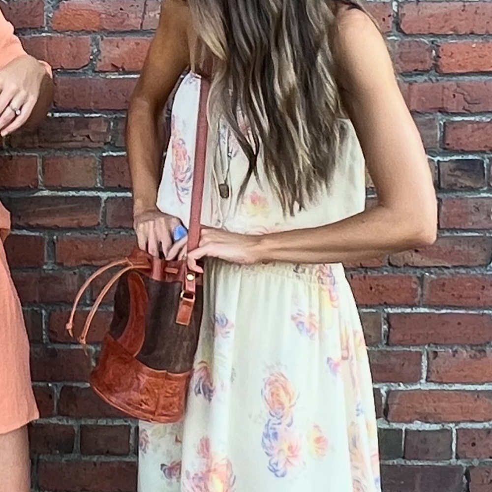 Vintage tooled Leather / suede brown Bucket bag crossbody purse